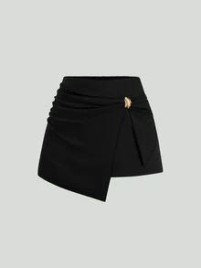 Sweetra Plus Size Women's Fashionable High Waist Slimming Knotted Asymmetrical Skort - Black - View 4