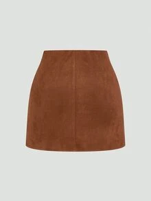 Sweetra CURVE Plus Size Brown Pleated Asymmetric Decorative Zipper Back Suede Fuzzy Skirt, Minimalist Commuter Style, Autumn/Winter - Brown - View 2