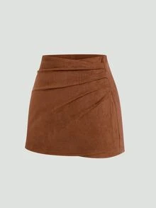 Sweetra CURVE Plus Size Brown Pleated Asymmetric Decorative Zipper Back Suede Fuzzy Skirt, Minimalist Commuter Style, Autumn/Winter - Brown - View 9