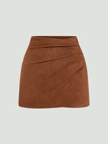 Sweetra CURVE Plus Size Brown Pleated Asymmetric Decorative Zipper Back Suede Fuzzy Skirt, Minimalist Commuter Style, Autumn/Winter - Brown - View 3