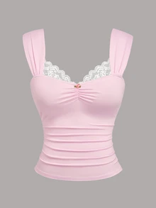 Sweetra Plus Size Women Lace Patchwork Ruffle Casual Versatile Daily Wear T-Shirt - Pink - View 4