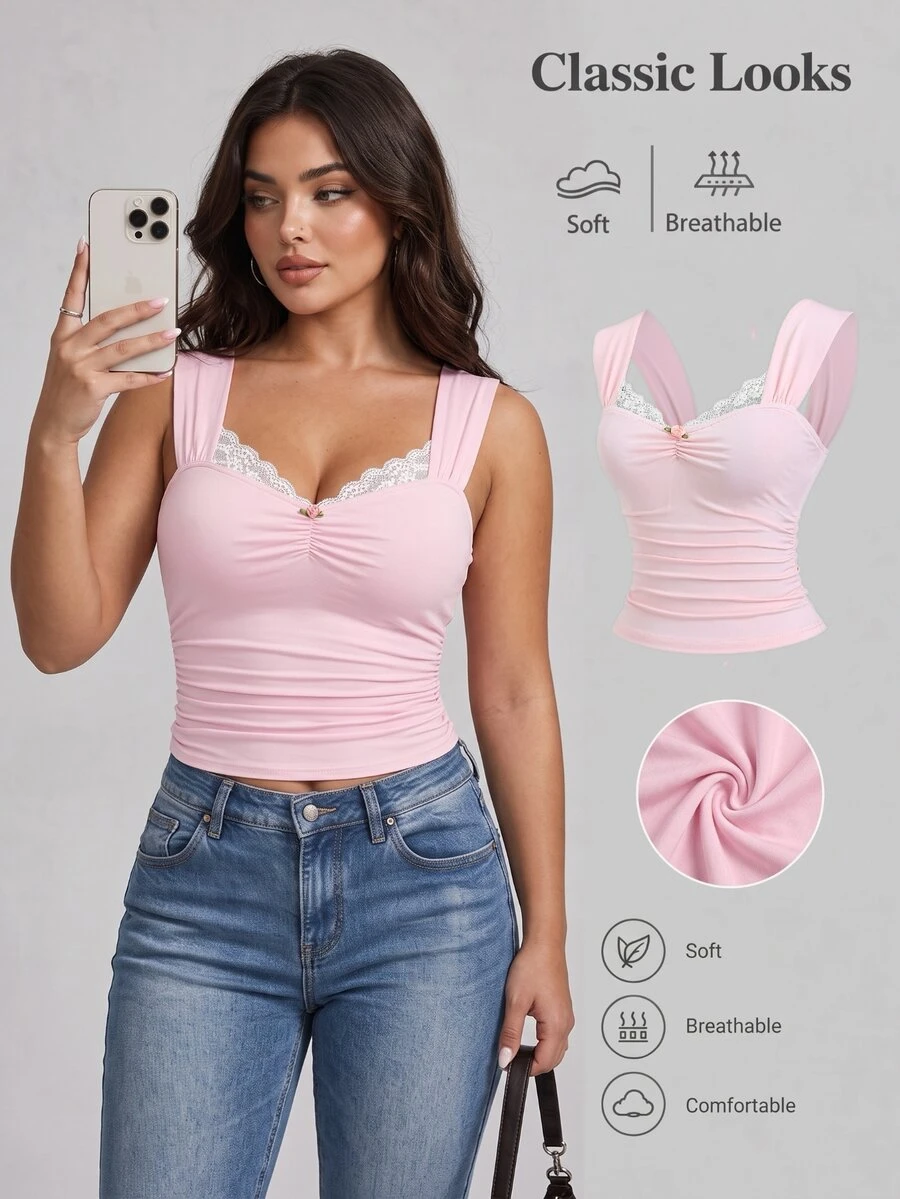 Sweetra Plus Size Women Lace Patchwork Ruffle Casual Versatile Daily Wear T-Shirt - Pink - View 1