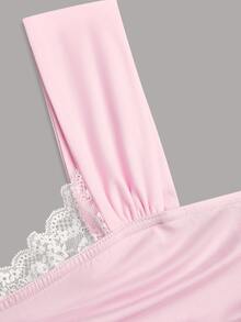 Sweetra Plus Size Women Lace Patchwork Ruffle Casual Versatile Daily Wear T-Shirt - Pink - View 9