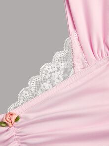 Sweetra Plus Size Women Lace Patchwork Ruffle Casual Versatile Daily Wear T-Shirt - Pink - View 8