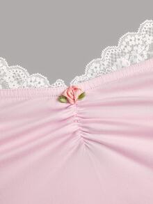 Sweetra Plus Size Women Lace Patchwork Ruffle Casual Versatile Daily Wear T-Shirt - Pink - View 7