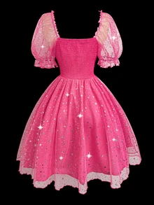 Sweetra Party Plus Size Women Square Collar Puff Sleeve Sweet Sparkly Princess Style Puff Dress - Pink - View 2