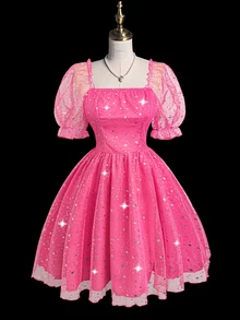 Sweetra Party Plus Size Women Square Collar Puff Sleeve Sweet Sparkly Princess Style Puff Dress - Pink - View 4