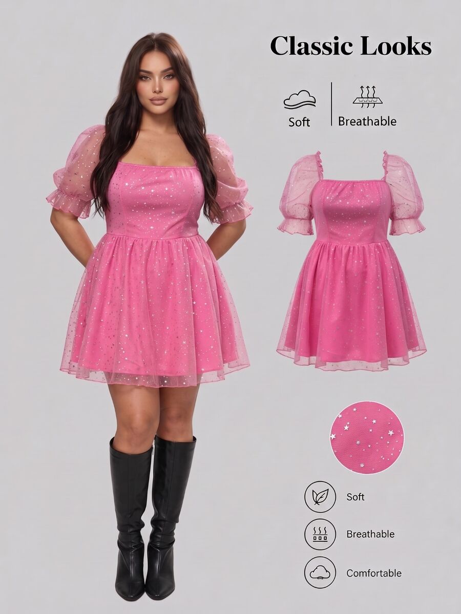 Sweetra Party Plus Size Women Square Collar Puff Sleeve Sweet Sparkly Princess Style Puff Dress - Pink - View 1