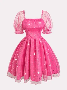 Sweetra Party Plus Size Women Square Collar Puff Sleeve Sweet Sparkly Princess Style Puff Dress - Pink - View 3