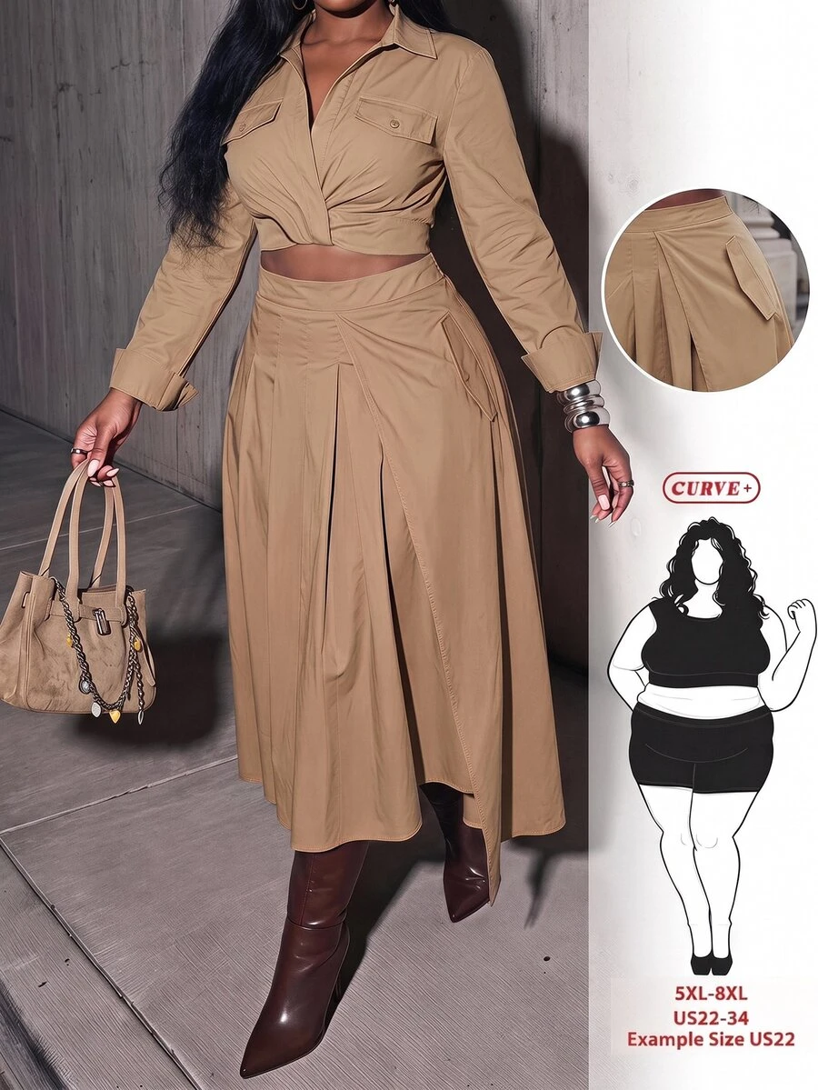 SHEIN CURVE+ Plus Size Autumn/Winter Bodycon Asymmetrical Pleated Skirt Fall - Khaki - View 1