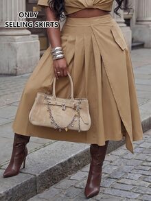 SHEIN CURVE+ Plus Size Autumn/Winter Bodycon Asymmetrical Pleated Skirt Fall - Khaki - View 5