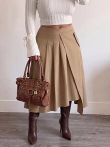 SHEIN CURVE+ Plus Size Autumn/Winter Bodycon Asymmetrical Pleated Skirt Fall - Khaki - View 4
