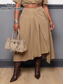 SHEIN CURVE+ Plus Size Autumn/Winter Bodycon Asymmetrical Pleated Skirt Fall - Khaki - View 6