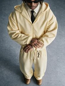 AXEPEAK Men's Solid Color Zip-Up Hoodie And Sweatpants Casual Set - Yellow - View 1