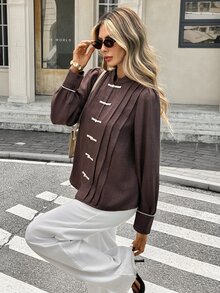 SHEIN Frenchy Women's Solid Color Casual Versatile Daily Wear Shirt - Brown - View 7