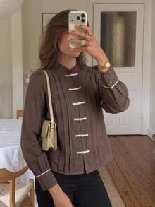 SHEIN Frenchy Women's Solid Color Casual Versatile Daily Wear Shirt - Brown - View 4