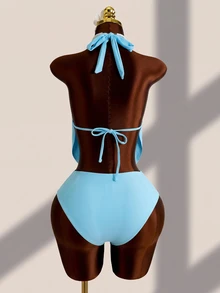 SHEIN Swim Summer Beach Draped Halter Tankini Black Swimwear - Baby Blue - View 4