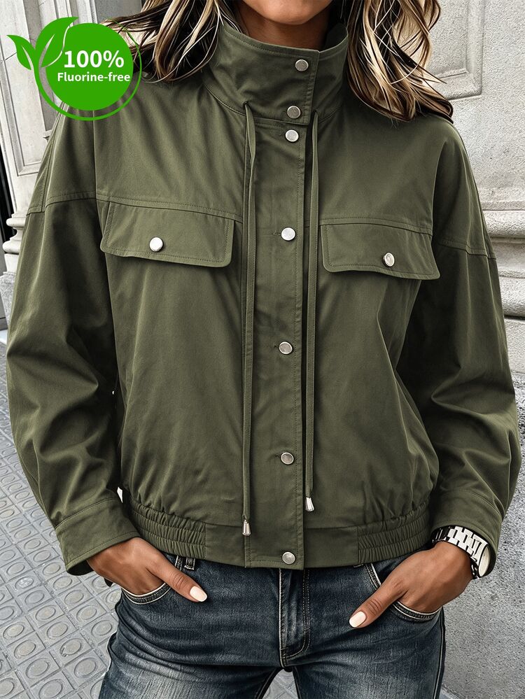 Ceyna Women's Plus Size Fluorine-Free Vintage Casual Baggy Utility Style Short Jacket, High Stand Collar, Multiple Button Closure, Olive Green Fall - Army Green - View 3