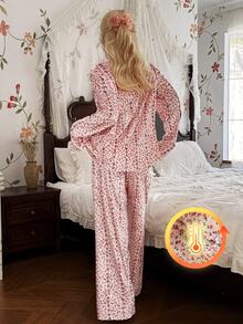 CottageSlumber Women's Velvet Floral & Striped Print Long Sleeve Pants Pajama Set, Lace Patchwork Design, Romantic Casual Style, Suitable For Autumn/Winter - Pink - View 2