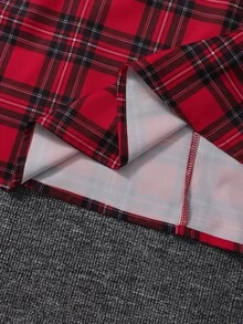 SHEIN 少女冬季格紋拼接泡泡袖圓領A字洋裝，時尚優雅聖誕版 - 紅色 - 查看 6