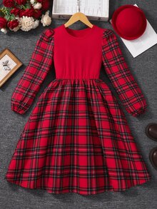 SHEIN 少女冬季格紋拼接泡泡袖圓領A字洋裝，時尚優雅聖誕版 - 紅色 - 查看 8