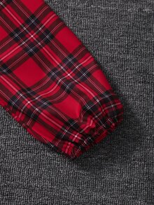 SHEIN 少女冬季格紋拼接泡泡袖圓領A字洋裝，時尚優雅聖誕版 - 紅色 - 查看 3