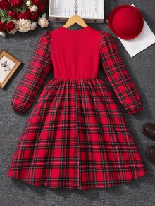SHEIN 少女冬季格紋拼接泡泡袖圓領A字洋裝，時尚優雅聖誕版 - 紅色 - 查看 7
