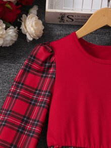 SHEIN 少女冬季格紋拼接泡泡袖圓領A字洋裝，時尚優雅聖誕版 - 紅色 - 查看 4