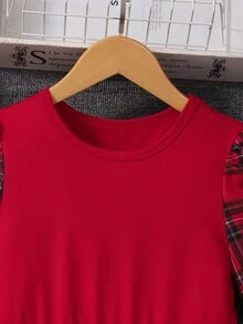 SHEIN 少女冬季格紋拼接泡泡袖圓領A字洋裝，時尚優雅聖誕版 - 紅色 - 查看 5