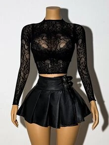 Bitrose Black Sexy Lace Jacquard Long Sleeve Top Goth - Black - View 3
