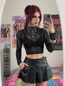 Bitrose Black Sexy Lace Jacquard Long Sleeve Top Goth - Black - View 1