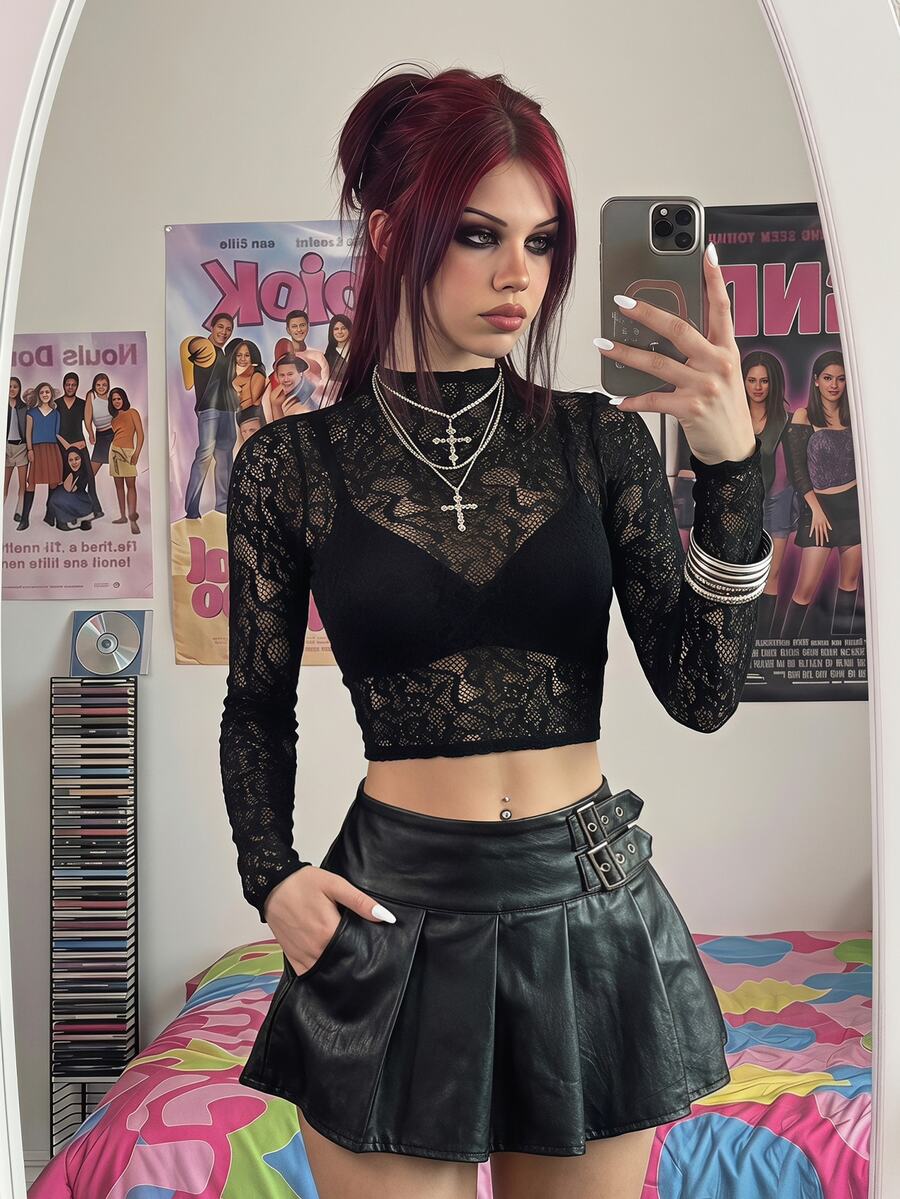 Bitrose Black Sexy Lace Jacquard Long Sleeve Top Goth - Black - View 1