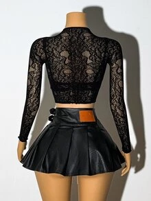 Bitrose Black Sexy Lace Jacquard Long Sleeve Top Goth - Black - View 6