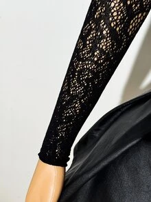 Bitrose Black Sexy Lace Jacquard Long Sleeve Top Goth - Black - View 5