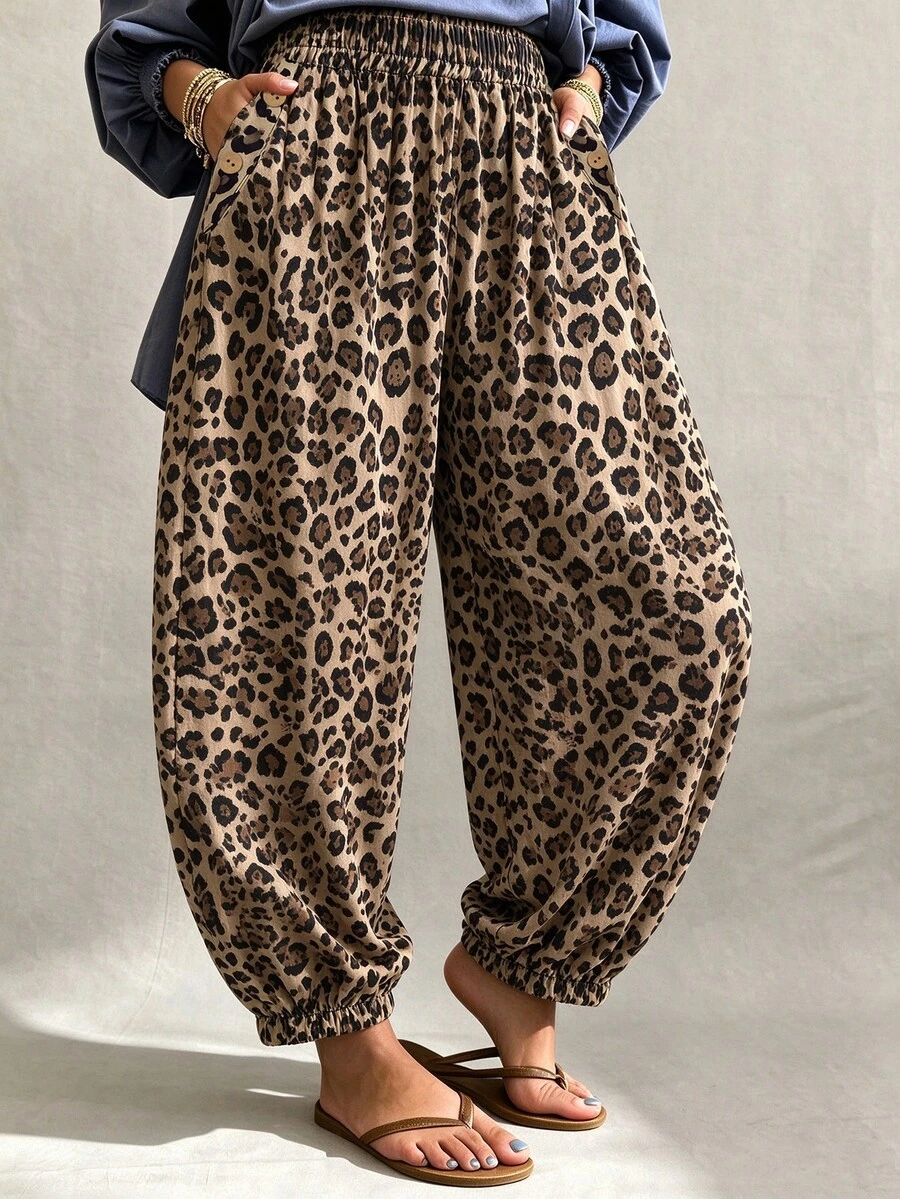 Linhara Plus Size Women's Solid Color Elastic Waist Button Design Pockets Loose Casual Pants Fall - Brown - View 1
