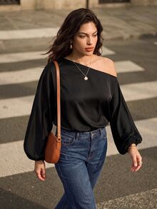 Juhart Plus Size Women's Solid Color Asymmetrical Collar Batwing Sleeve Loose Blouse One Shoulder Top Fall - Black - View 6