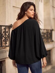 Juhart Plus Size Women's Solid Color Asymmetrical Collar Batwing Sleeve Loose Blouse One Shoulder Top Fall - Black - View 2