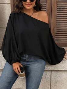 Juhart Plus Size Women's Solid Color Asymmetrical Collar Batwing Sleeve Loose Blouse One Shoulder Top Fall - Black - View 8
