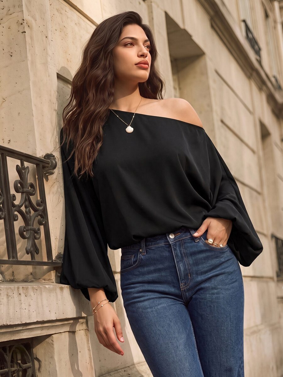 Juhart Plus Size Women's Solid Color Asymmetrical Collar Batwing Sleeve Loose Blouse One Shoulder Top Fall - Black - View 1