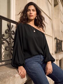Juhart Plus Size Women's Solid Color Asymmetrical Collar Batwing Sleeve Loose Blouse One Shoulder Top Fall - Black - View 4