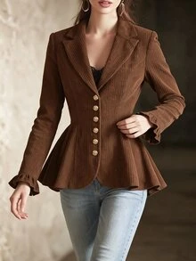 SHEIN Women's Regular Long Sleeve Blazer, Lapel Collar, Corduroy Ribbed Fabric, Ruffle Hem, Lining, Ruffle Cuff, Elegant Retro, Office, Thanksgiving Brown - Coffee Brown - View 4