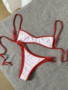 SHEIN Swim Women's 70s Retro Red And White Polka Dot Reversible Bikini Set, Contrast Color Double-Sided Bandeau Swimwear For Summer,Holiday,Pool Party - Red and White - View 6