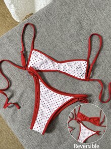 SHEIN Swim Women's 70s Retro Red And White Polka Dot Reversible Bikini Set, Contrast Color Double-Sided Bandeau Swimwear For Summer,Holiday,Pool Party - Red and White - View 5