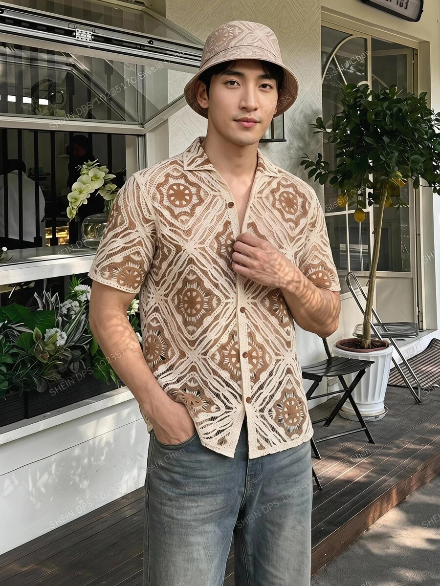 Claim Dot 男士水溶性刺绣开襟短袖开衫 - 咖啡棕 - 查看 1
