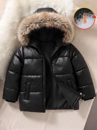 SHEIN 1pc Young Boy Puffer Coat Cool Preppy Glossy Black Faux Fur Trim Quilted Long Sleeve Hooded Thick Outdoor Travel Winter Holiday Cozy Fall Zip Up