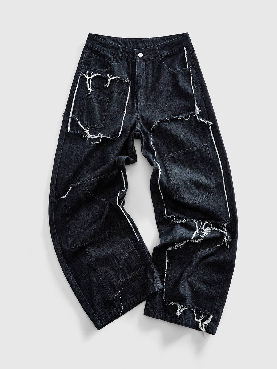 ROMWE MEN Street Life Men's Dark Blue Frayed Edge Slant Pocket Casual Jeans - Blue - View 1