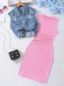 SHEIN Tween Girls 2pcs/Set Black Knit Camisole Dress With Denim Vest, Casual Commuter Outfit, Summer, Comfortable, Daily - Pink - View 4