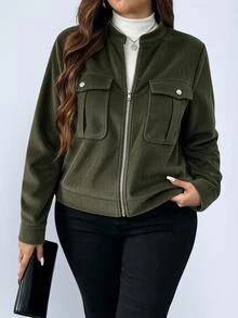 SHEIN Tall Vintage Casual Small Stand Collar Utility Pocket Zipper Long Sleeve Plus Size Jacket Fall - Army Green - View 1