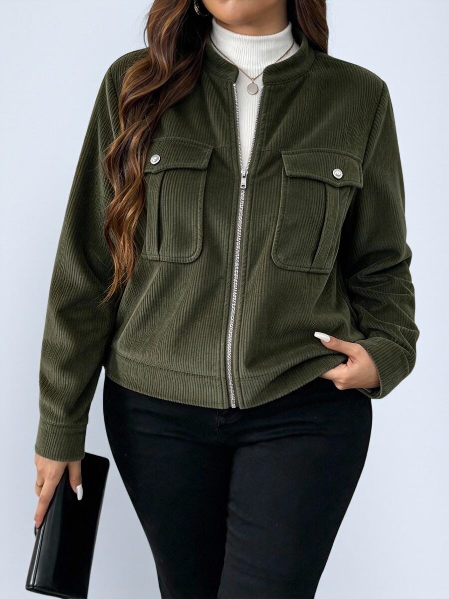 SHEIN Tall Vintage Casual Small Stand Collar Utility Pocket Zipper Long Sleeve Plus Size Jacket Fall - Army Green - View 1