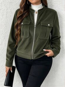 SHEIN Tall Vintage Casual Small Stand Collar Utility Pocket Zipper Long Sleeve Plus Size Jacket Fall - Army Green - View 4